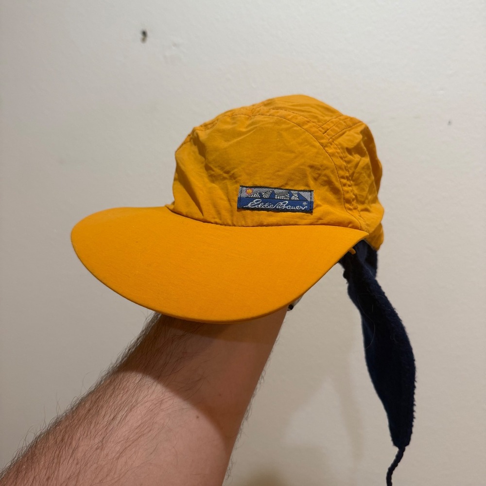 Vintage Eddie Bauer Reversible Ear Flap Hat Yellow Navy Blue Made in USA OSFA